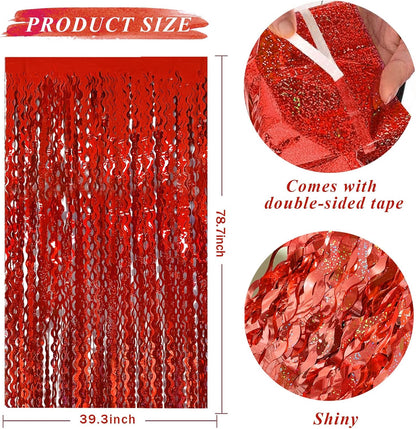 Red Tinsel Foil Fringe Curtains - Sparkling Wavy Backdrop for Parties & Events | Photo Booth Decor