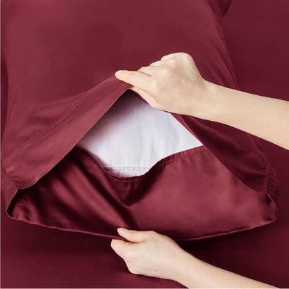 Bedsure Cooling Twin Sheets - Breathable Rayon from Bamboo, Soft & Silky, Deep Pocket Up to 16 Inches, Burgundy