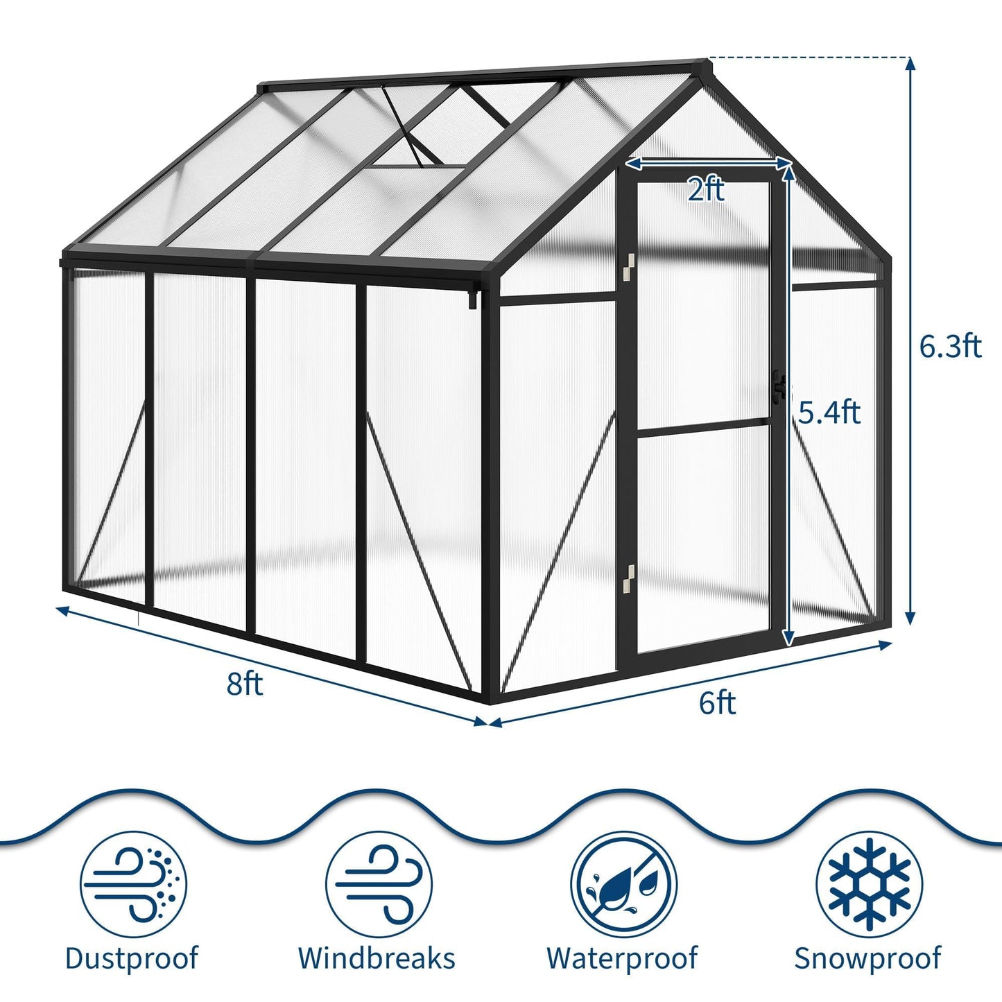 6x8 FT Greenhouse for Outdoors, Polycarbonate Greenhouse with Roof Vent, Ground Nails, Lockable Push Door, Aluminum Large Walk-in Green House for Outside Garden Backyard, Patio, Lawn, Black