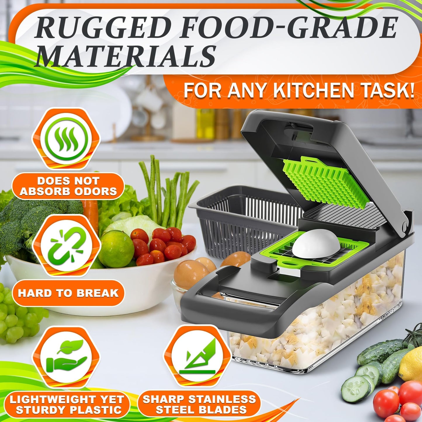 14-in-1 Vegetable Chopper with Container – Veggie Chopper with Container and Lid Includes 6 Blades, Cheese Grater, Egg Separator | Finger Guard, Dishwasher Safe – Veggie Dicer for Chips, Cubes, Strips