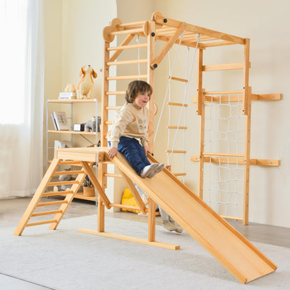 Avenlur Grove 8-in-1 Indoor Jungle Gym with Gymnastic Rings, Climbing Rope, Swing, Slide, Monkey Bars, Rope Wall Net, and Wooden and Rope Ladder - Jungle Play Set for Kids Ages 2-11 Years Old