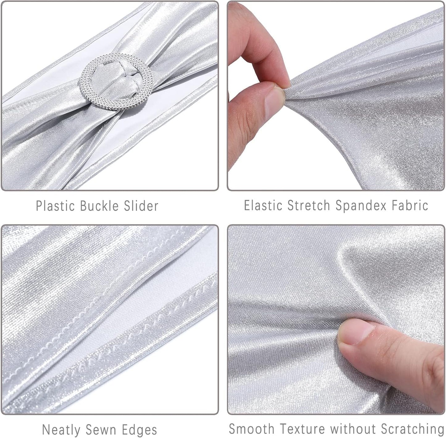 MDS Spandex Foil Chair Sashes - Universal Elastic Stretch Bands with Buckle for Weddings | Metallic Silver, Pack of 125