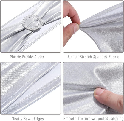 MDS Spandex Foil Chair Sashes - Universal Fit Elastic Stretch Bands with Buckle for Weddings | Metallic Silver (Pack of 10)