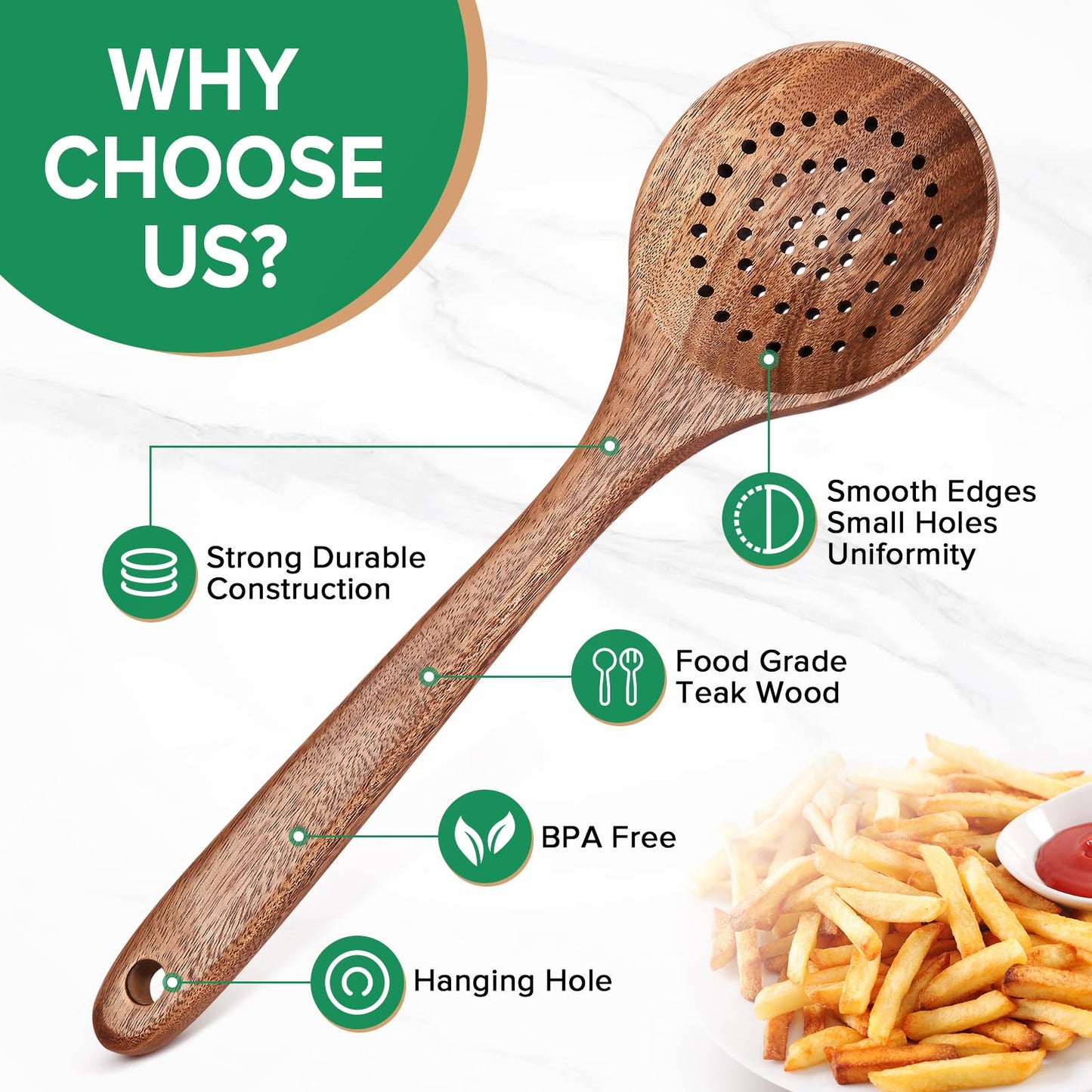 Wooden Cooking Utensil, Teak Slotted Spoon for Cooking, Natural Wood Colander Ladle Spoon with Holes, Long Handle Teak Skimmer Strainer Spoon with Teeth for Straining Draining Egg Meat Noodles,11.2″