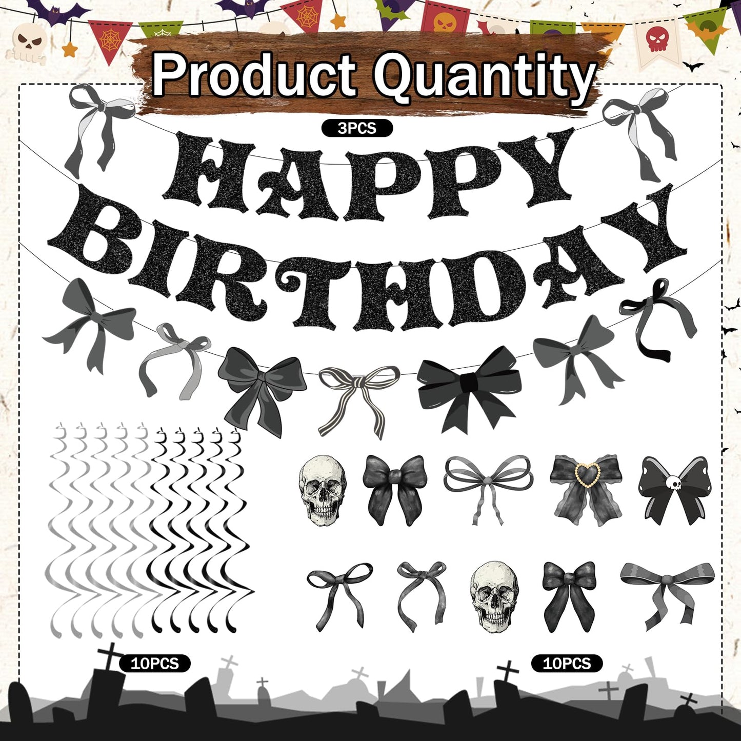 Lovarywow Black Bow Party Decorations - 13PCS Gothic Birthday Decorations, Skull Skeleton Goth Party Supplies for Girls Women, Black Bow Coquete Happy Birthday Banners Hanging Swirls