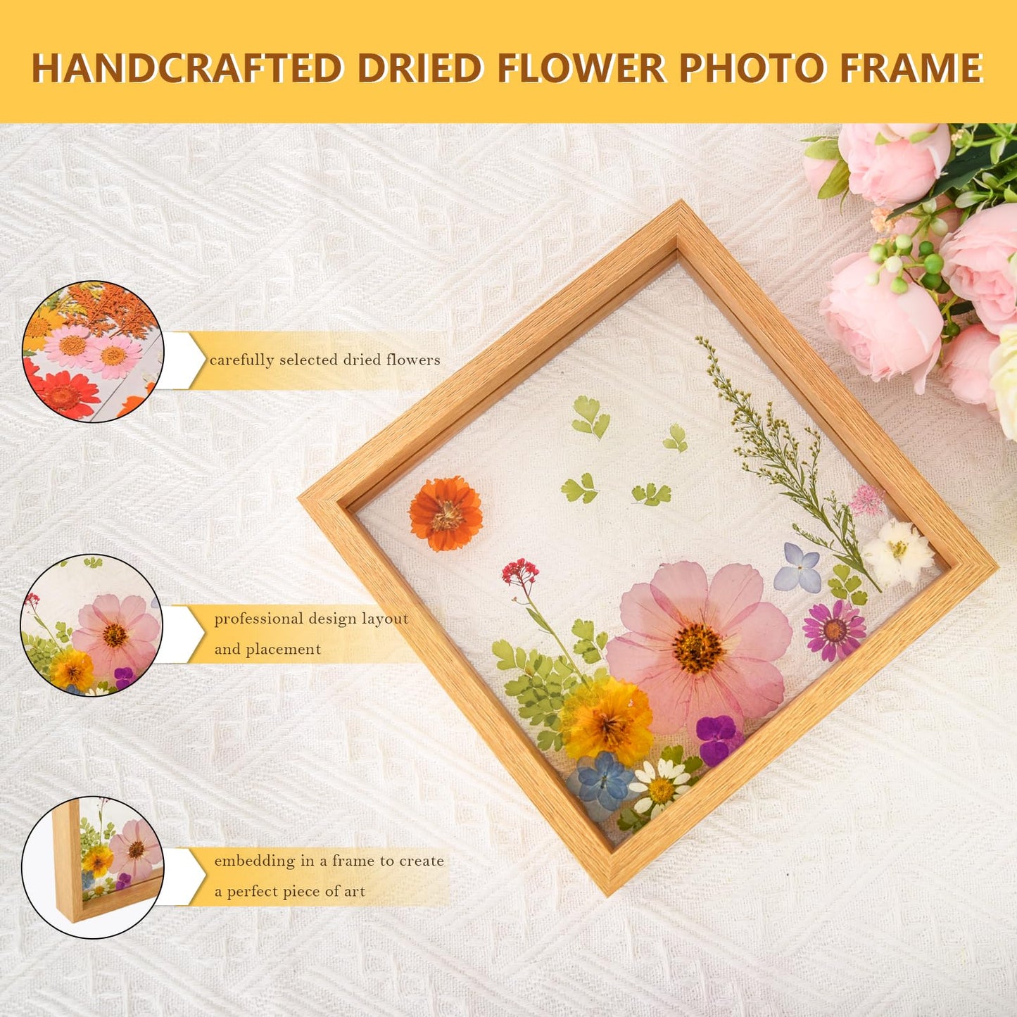 fanhuashijn Clear Pressed Flower Frame - Dried Flower Frame Adult Girls Night Crafts for Women Mother Gift (Pink, Medium)