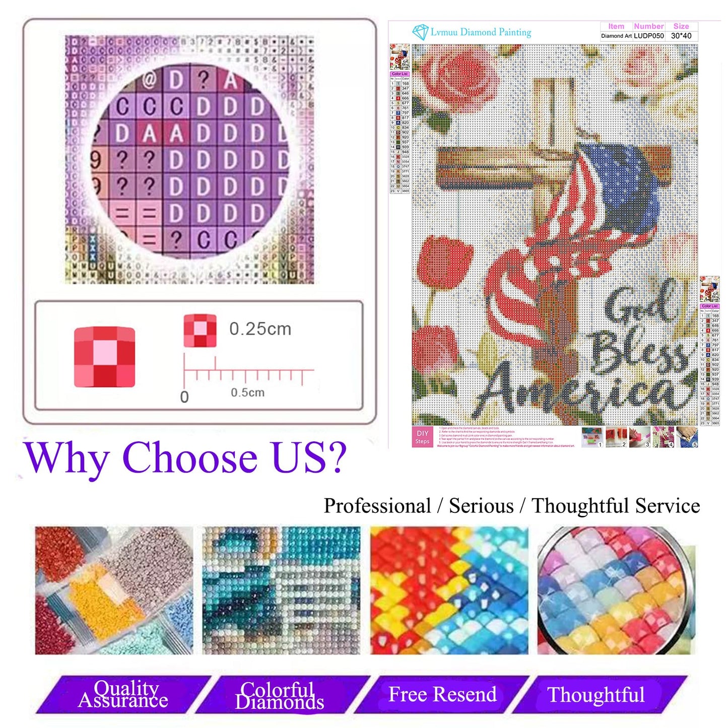 Lvmuu 5D Patriotic Diamond Painting Kits for Adults American Flag, Cross God Bless America Full Square Drill Diamonds Art Kits for Beginner DIY Paint By Numbers Art Gem Crafts Home Decoration 30x40cm