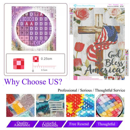 Lvmuu 5D Patriotic Diamond Painting Kits for Adults American Flag, Cross God Bless America Full Square Drill Diamonds Art Kits for Beginner DIY Paint By Numbers Art Gem Crafts Home Decoration 30x40cm