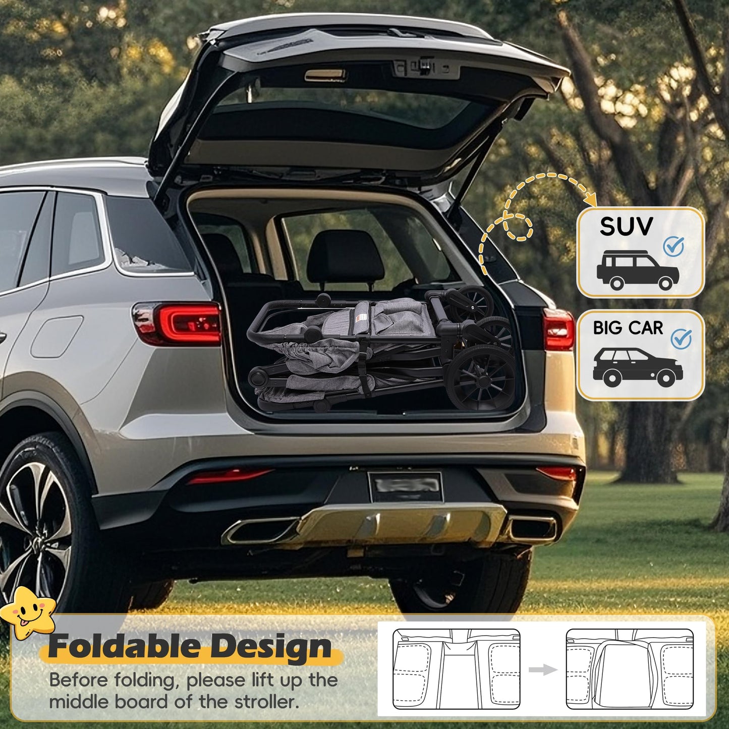 TOLEAD Wagon Stroller for 4 Kids, Foldable 4 Seats Outdoor Stroller Wagon with Canopy, Adjustable Handlebars, 5-Point Safety Harness, Detachable Tray, Portable Bag (Grey)