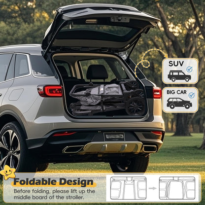 TOLEAD Wagon Stroller for 4 Kids, Foldable 4 Seats Outdoor Stroller Wagon with Canopy, Adjustable Handlebars, 5-Point Safety Harness, Detachable Tray, Portable Bag (Grey)