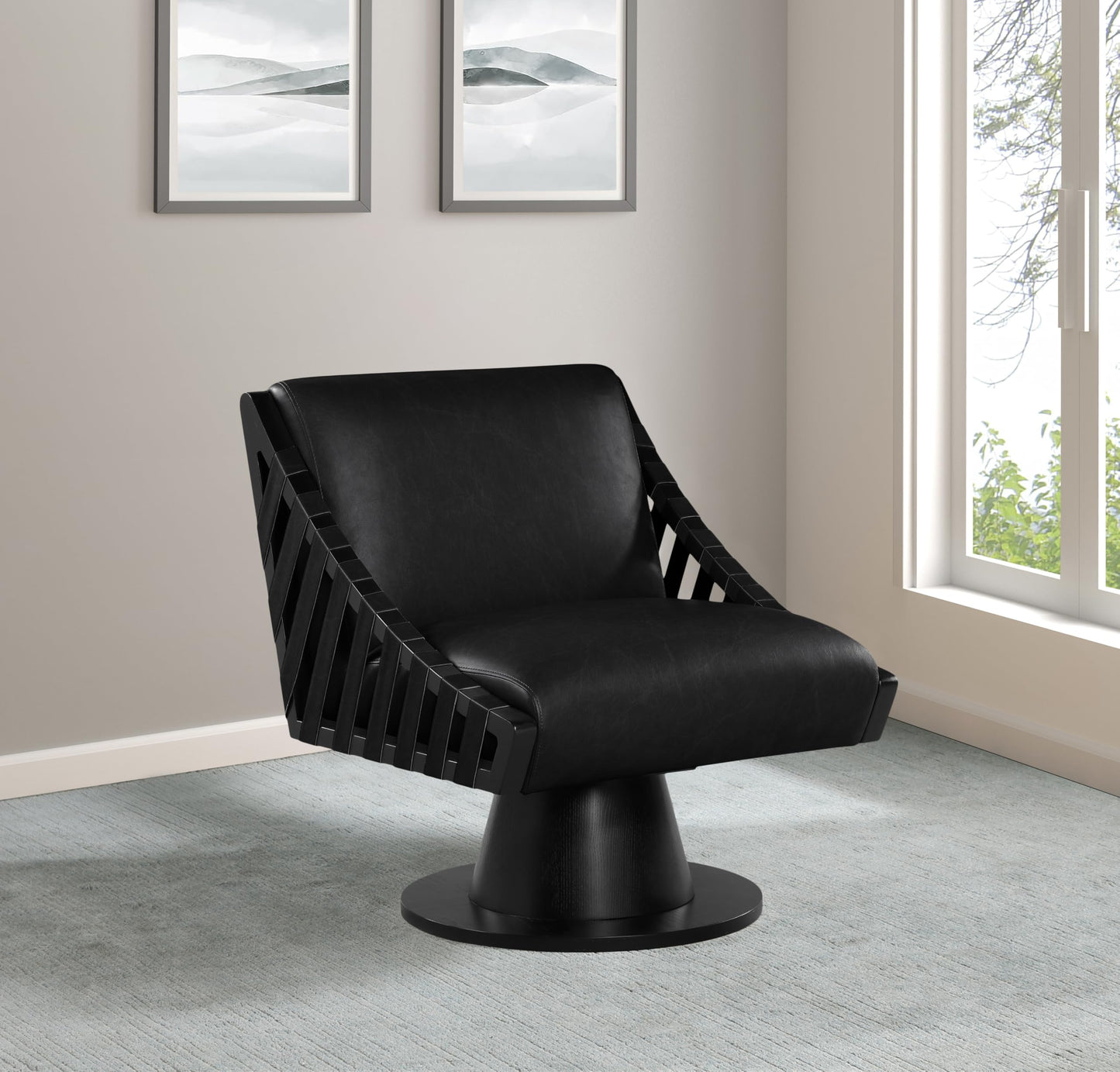Meridian Furniture 33002Black Millwin Collection Art Deco Swivel Accent Chair with Rich Black Vegan Leather, Black Finish, Solid Wood Frame and Base, 28" W x 30" D x 32.5" H, Black