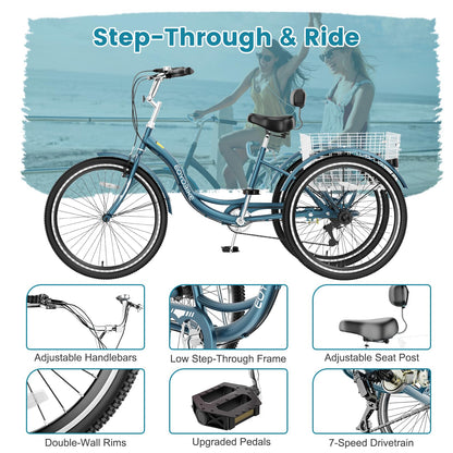 Slsy Adult Tricycle 7 Speed, 20/24/26 Inch Step-Through 3 Wheel Bike for Adults with Large Shopping Basket, 350 lb Capacity Adult Trike for Seniors, Women and Men