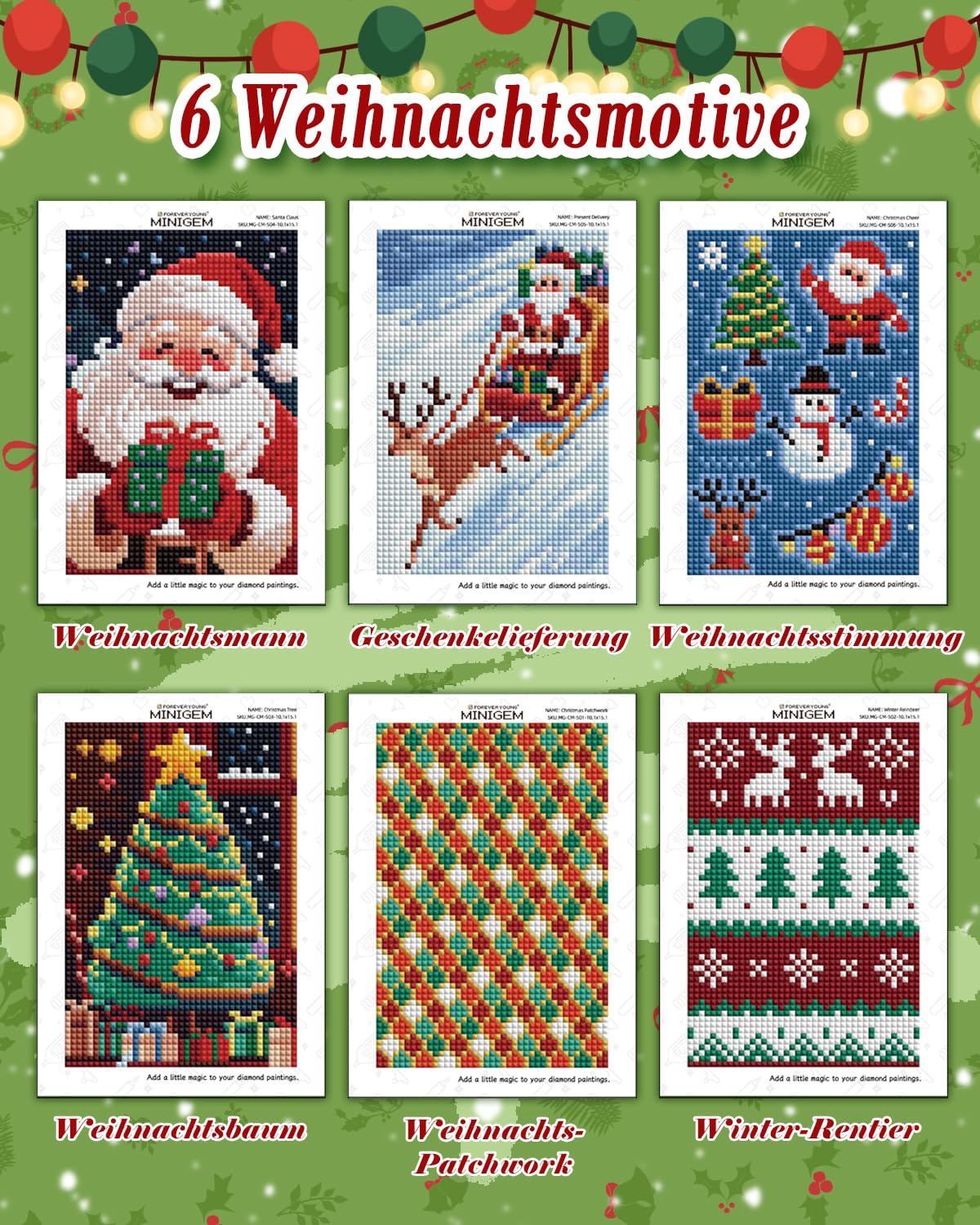 forever young Minigem Christmas Diamond Art Kits for Adults, 6 Pcs Christmas Canvas Resin Square Drill Diamond Painting for Beginners, 2-Hour Small Diamond Painting Kits for Adults (5x7 Inch)