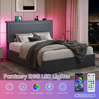SHA CERLIN Queen Size Hydraulic Lift-Up Storage Platform Bed Frame with Charging Station, RGB LED Lights, Adjustable Velvet Headboard, USB-A and USB-C Ports, No Box Spring Needed, Grey