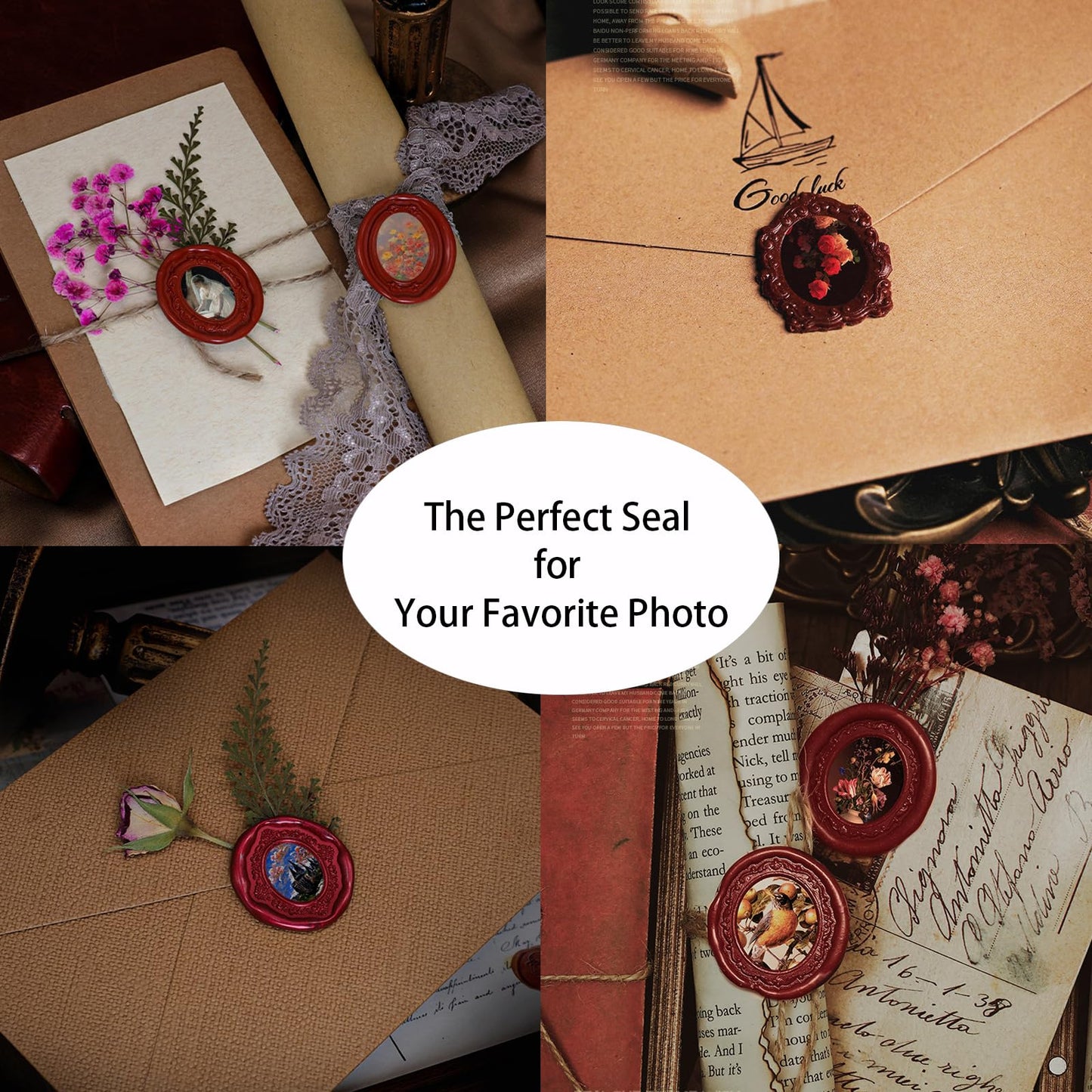 Andotopee 6-in-1 Vintage Embossed Frame Wax Seal Stamp Kit- Rectangle & Oval & Heart 3D Relief Photo Frame Seal Stamps with Wood Handle, Retro Sealing Wax Stamp for Wedding Invitations, Letters