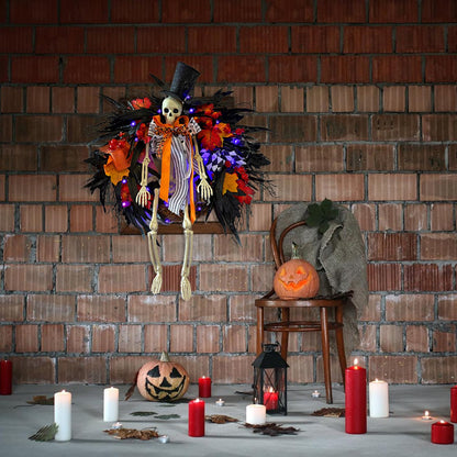HipTree Halloween & Seasonal Decor Combo: 28 Inch Lighted Skeleton Wreath with Autumn Leaves + 2-Pack 2ft Lighted Black Birch Trees, LED Fairy Lights for Indoor/Front Door/Tabletop Holiday Ambiance