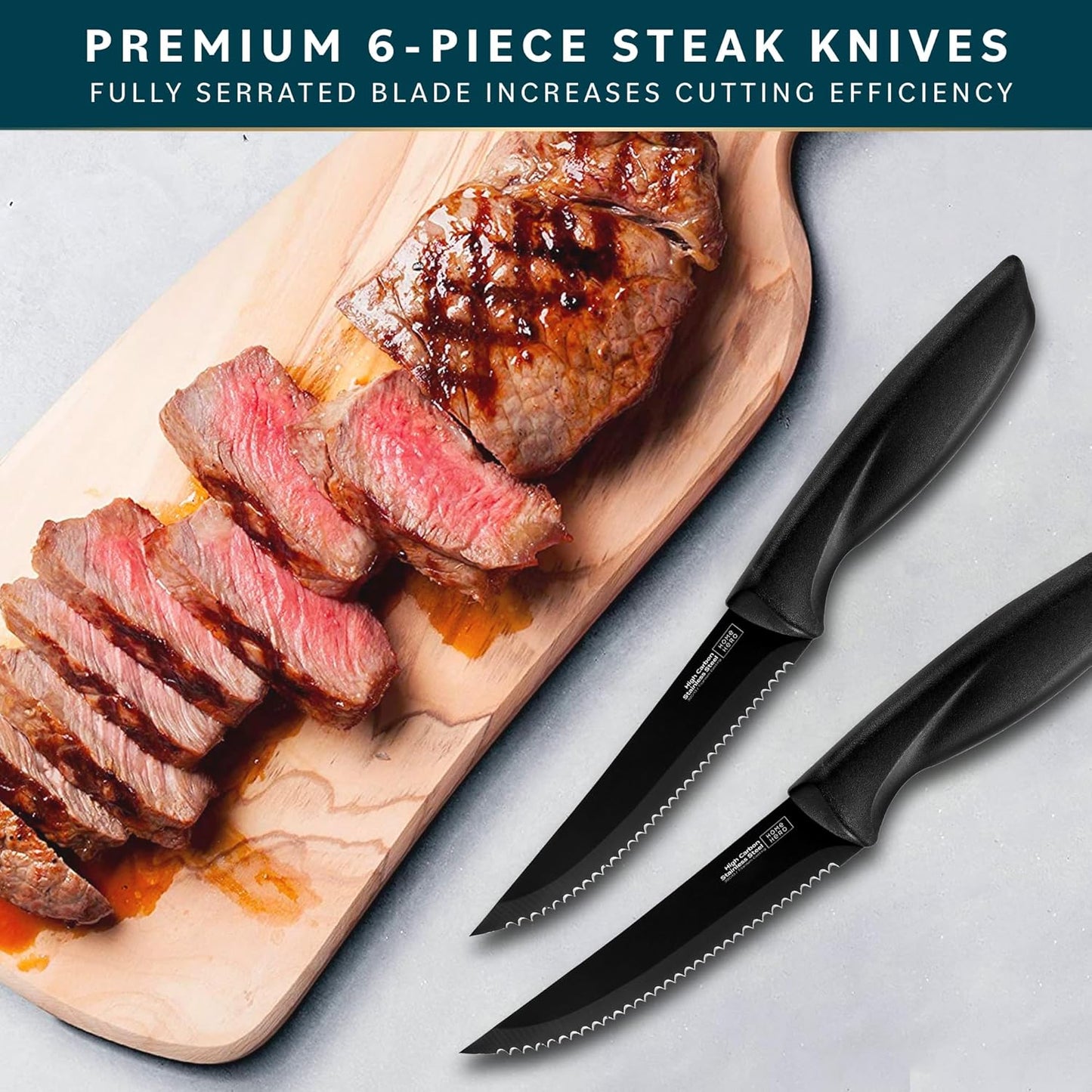 Home Hero 6 Pcs Steak Knives Set, High-Carbon Stainless Steel Razor-Sharp Serrated Knives with Ergonomic Handles