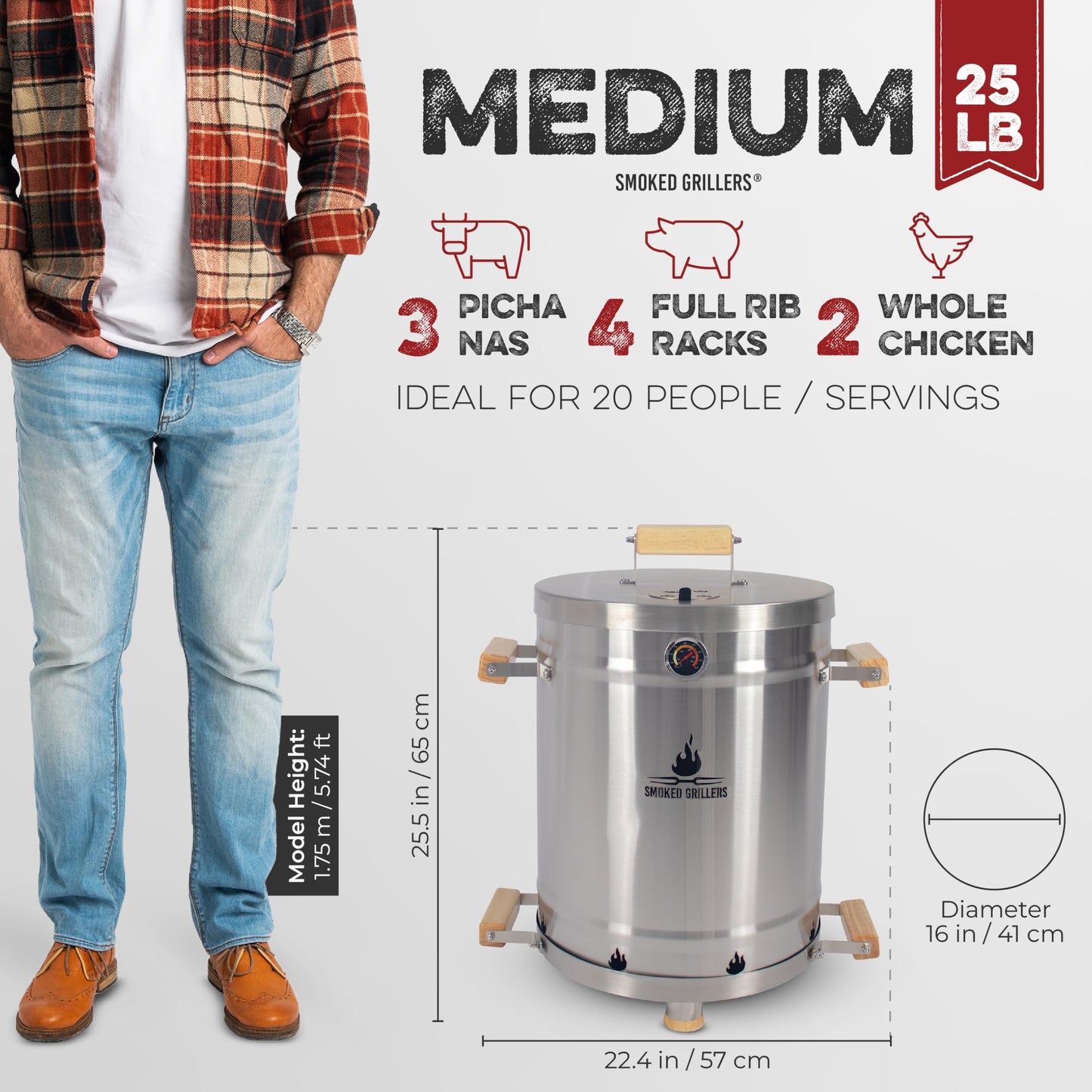 Smoked Grillers Barrel Smoker Grill Combo | 100% 304 Stainless Steel Barrel | 95% Less Smoke, Even Heat | Easy to Use & Clean – Vertical Smoker Ideal for Balconies and Backyards (MEDIUM-25 LBS)