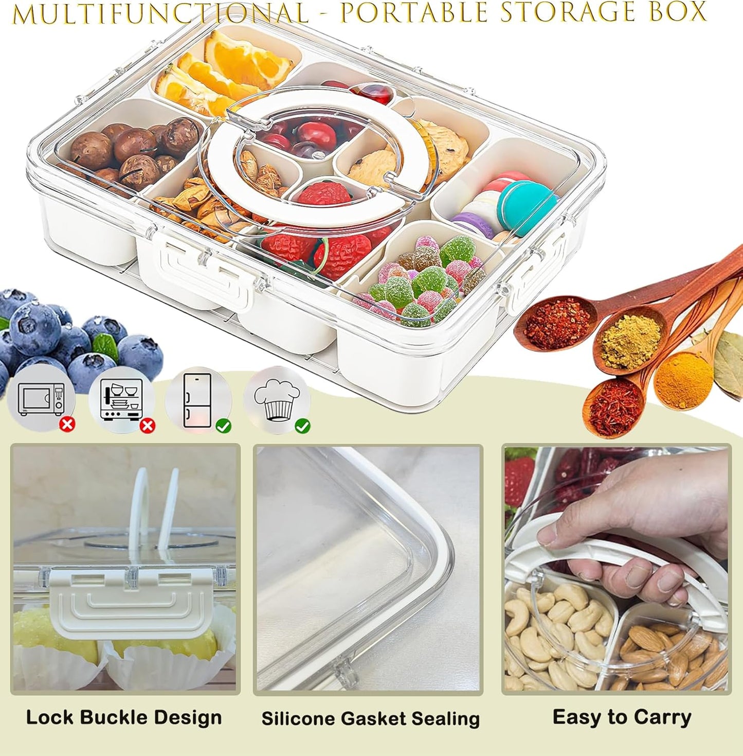 Divided Snack Tray with Lid and Handle, Portable Snack Containers for Fruit, Candy, Veggies, Perfect for Party & Travel