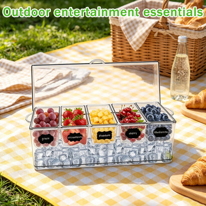 Hlimior 36 pcs Ice Chilled Condiment Server Caddy Bar Fruit Caddy with Lid, 5 Removable Compartments Plastic Storage Food Container Clear Ice Condiment Serving Tray for Party, Toppings Bar Container