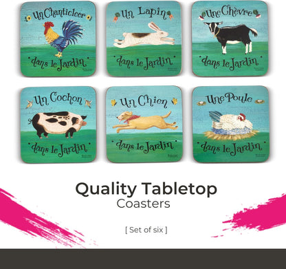 Pimpernel Dans le Jardin Coasters - Set of 6, Cork Backing, Chicken Design for Table Protection