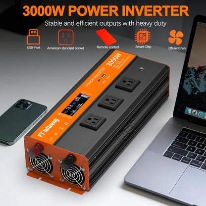 3000W Power Inverter, 12v DC to 120v Ac Inverter, Power Inverters for Vehicles with LCD Display, 3AC Sockets and USB-C & QC 3.0 Port with Remote Control for Camping Home Truck Rv Solar System