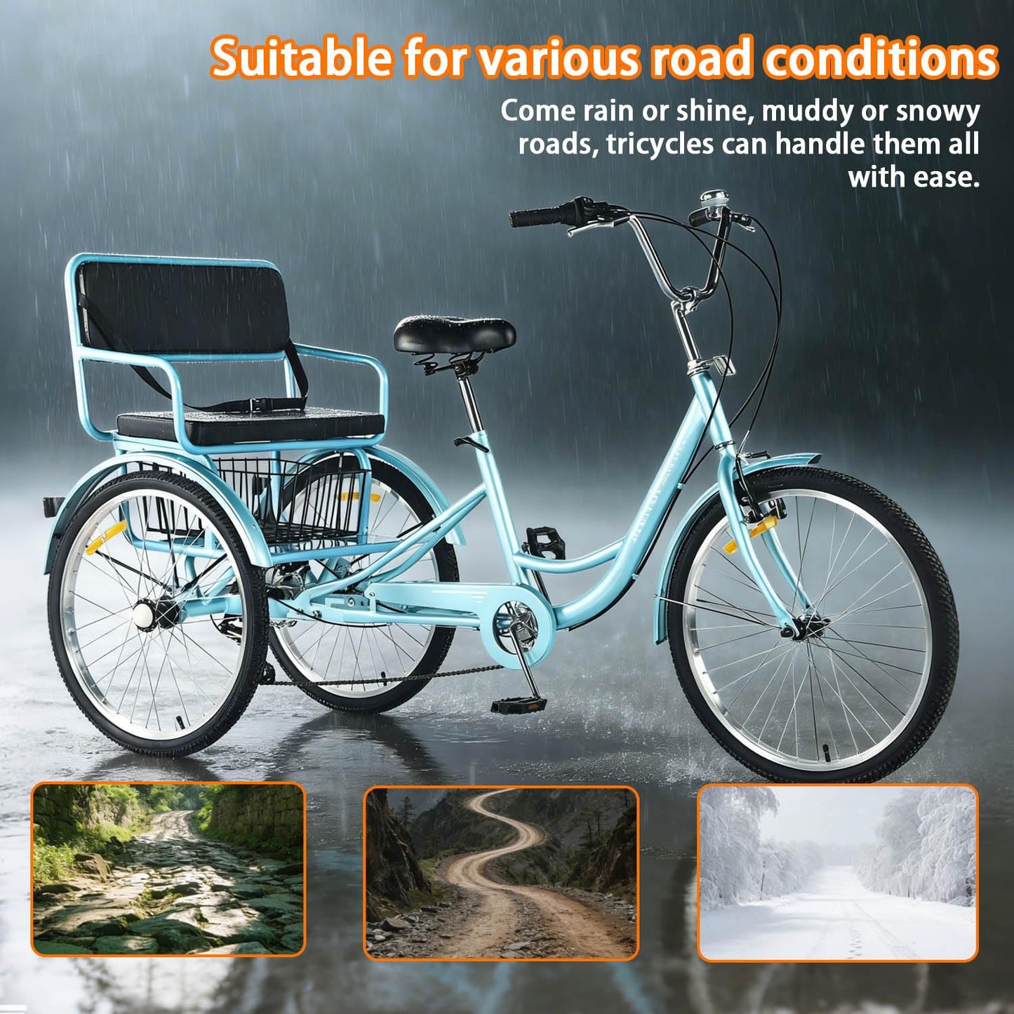 Adult Tricycle 7 Speed 24 Inch Trike, 3 Wheel Bikes Extended Rear wheelbase Trikes Wheel Bike with Rear Basket and Rear Seat, for Women,Men,Seniors,Maximum Load 550lbs (Blue)