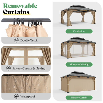 AMERLIFE 12' x 16' Heavy Duty Hardtop Gazebo with Double Metal Roof, Wood Gazebo with Privacy Curtains & Mosquito Netting, Outdoor Pavilion for Backyard, Garden & Patio, Brown