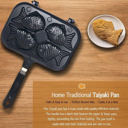 Taiyaki Fish Shaped Pancake Maker Pan, Non-Stick Double Baking Pan with 4 Fish for Kitchen Waffle Baking
