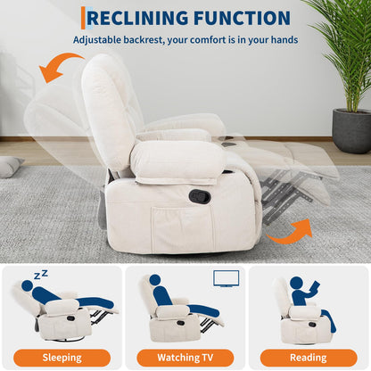 GarveeHome Oversized Wide Recliner Chair-Heat and Vibration Massage, 360° Swivel Rocker Chair for Adults,Chenille Fabric Manual Recliner with Cup Holders & Side Pocket for Living Room, Bedroom,White