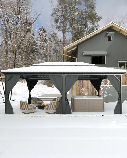 GarveeLife Hardtop Gazebo 12 ft x20 ft for All Weather, with Double Metal Roof, Net, and Curtain, Permanent Building for Patio, Deck, Backyard, Lawn, and Garden