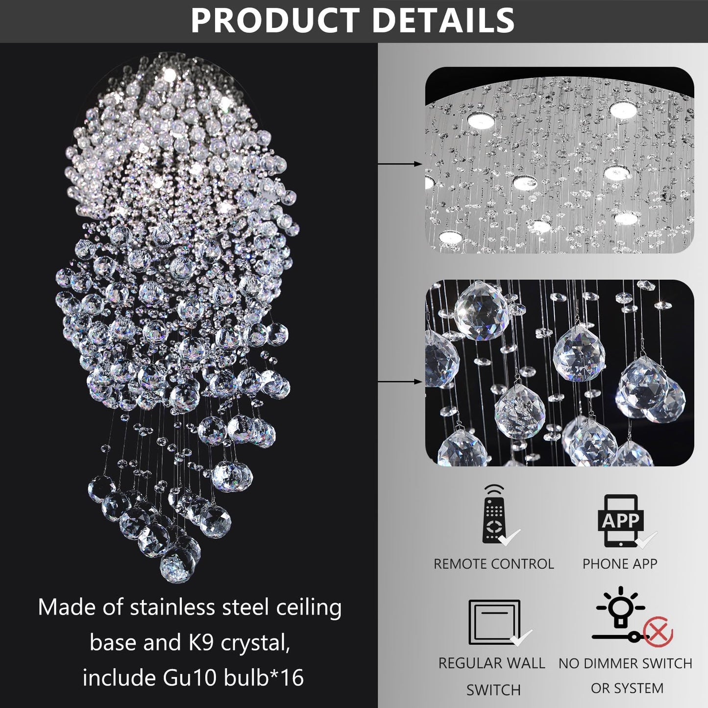 cenozo D40'' x H120'' Crystal Chandelier for Staircaes Glam Chandelier Large Raindrop Chandeliers LED Dimmable High Ceiling Light Fixtures for Hallway Foyer Silver