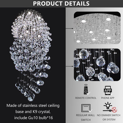 cenozo D40'' x H120'' Crystal Chandelier for Staircaes Glam Chandelier Large Raindrop Chandeliers LED Dimmable High Ceiling Light Fixtures for Hallway Foyer Silver