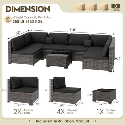 LHBcraft 7 Piece Patio Outdoor Furniture Set, Outdoor Sectional, All-Weather Hand-Woven Wicker Black Patio Sectional, Rattan Outside Furniture with Cushion and Glass Coffee Table