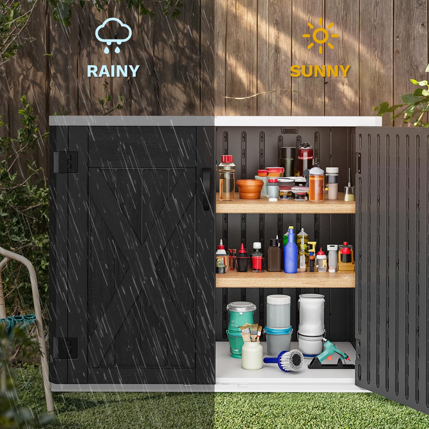 DWVO 35 Cu Ft Storage Shed with Unique X-Shaped Lockable Door, Outdoor Weatherproof Resin Shed Without Shelf for Waste Bins, Bicycles, Gardening & Lawn Equipment, Dark Gray