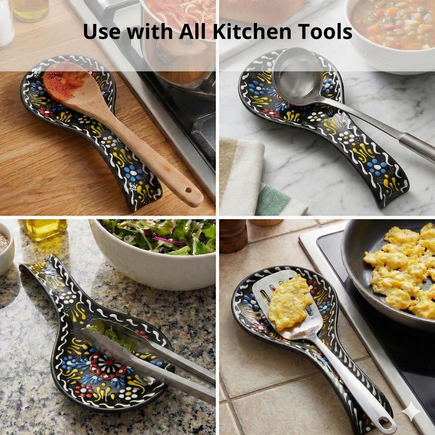 BCS Ceramic Spoon Rest, Large 9” Hand Painted Spoon Holder for Stove Top & Kitchen Counter, Dishwasher Safe & Heat Resistant Utensil Holder, Floral Kitchen Decor, Handmade Pottery