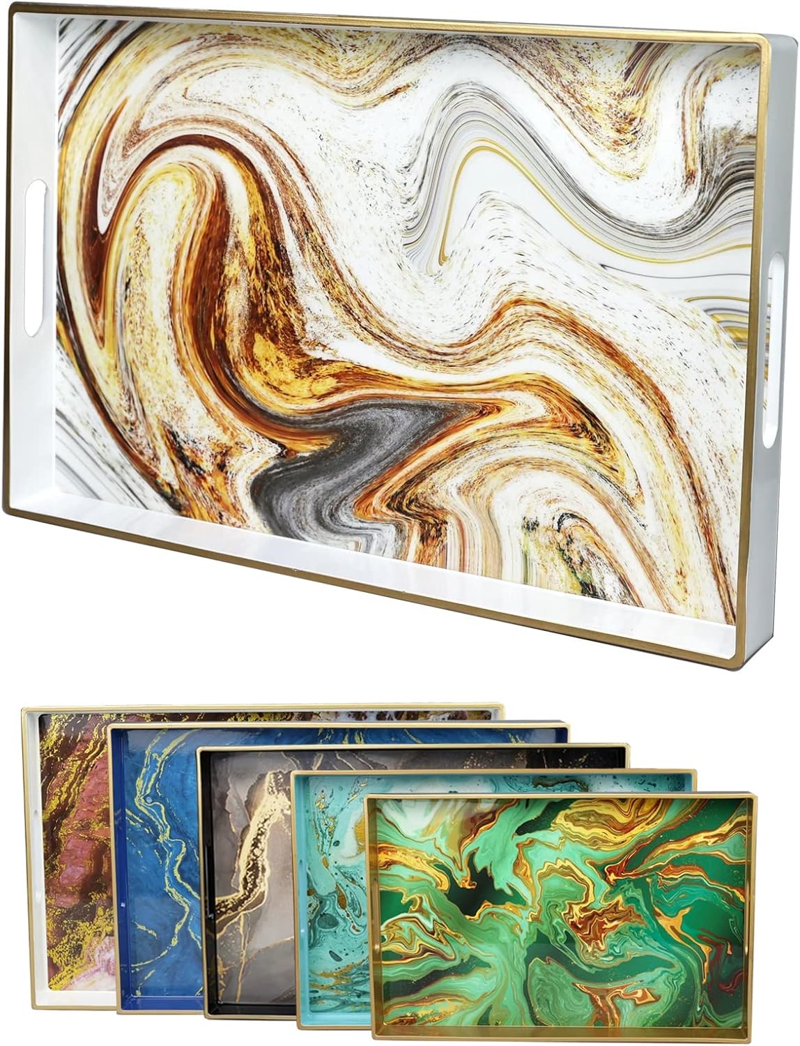15.7"* 10.2"* 1.38" White Marbling Decorative Tray with Handles, Morden Plastic Rectangular Serving Tray for Coffee