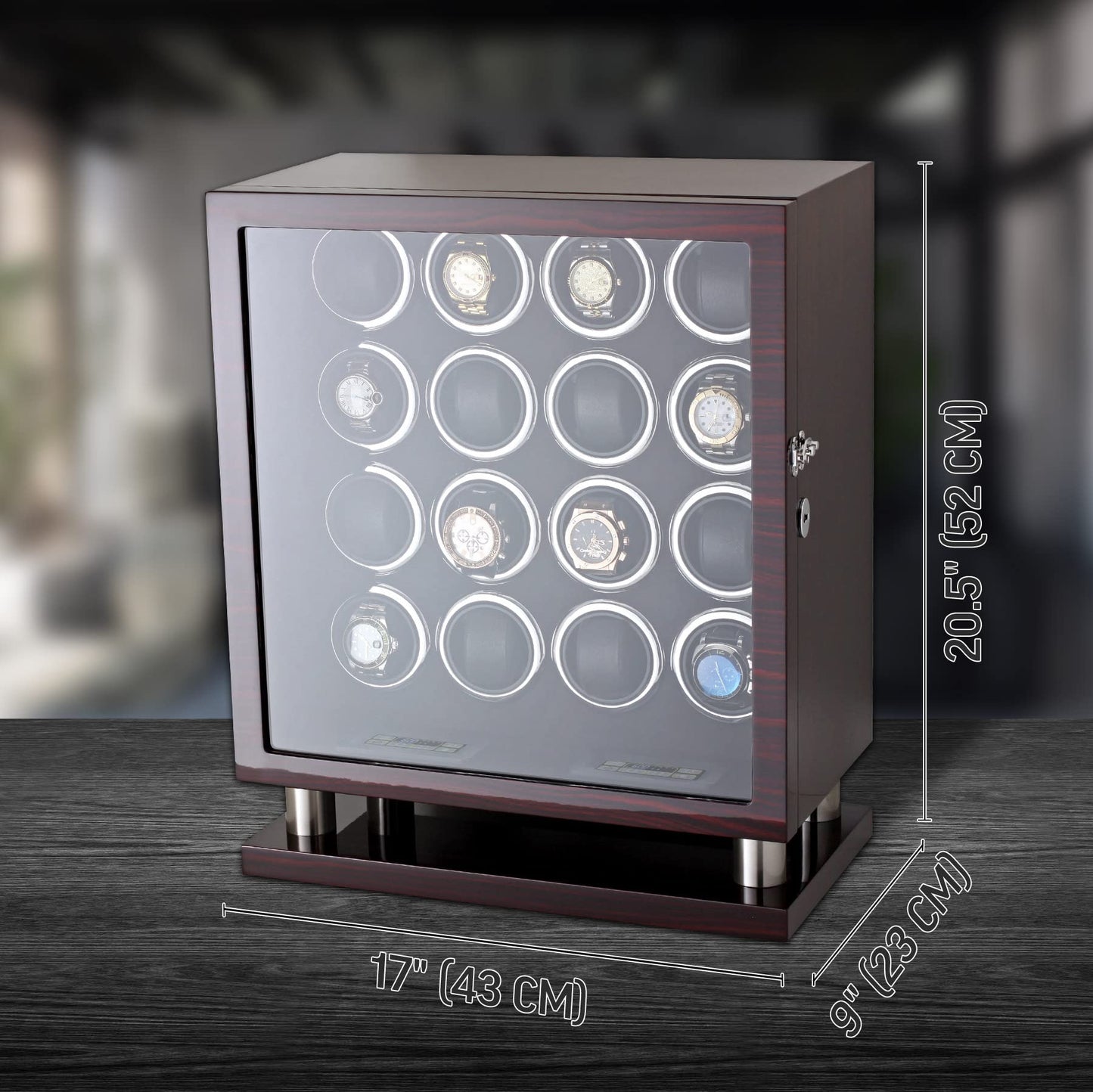 16 Watch Winder for Automatic Watches with LED Light and Coordinated Rotor Stop (Ebony)