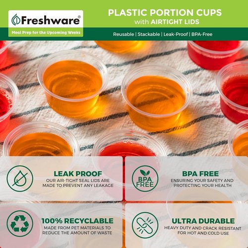 Freshware Portion Cups - 1 Ounce Disposable Plastic Cups with Lids for Meal Prep & Sauces | 100 Sets