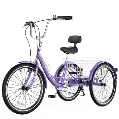 EOYOBIKE Adult Tricycle 3-Wheel Cruiser Bike, Low Step-Through, Heavy-Duty Comfort Trike with Adjustable Handlebar & Spring Saddle, Large Rear Basket, for Seniors & Adults (Amethyst Dusk, 26" Tire)