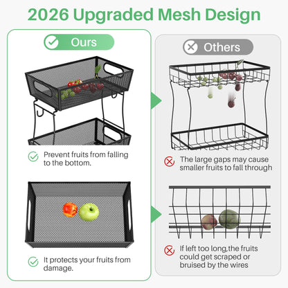 2 Tier Fruit Basket Bowl for Kitchen Counter with 2 Banana Hangers, Countertop Metal Mesh Basket Stand Fruit Holder for Veggies Onion Potato Bread Snack, Black