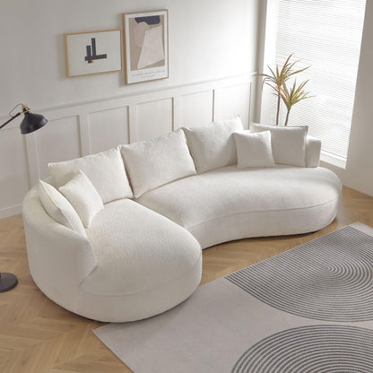 KEIKI 129" Luxury Curved Boucle Sectional Sofa with Left Chaise, Upholstered Modern Style Oversized 5-Seater Couch with Thickened Seat Cushions, Easy Assembly, for Apartment, Living Room, White