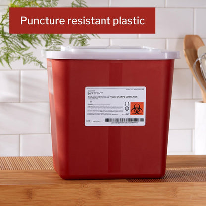 McKesson Prevent Biohazard Infectious Waste Sharps Container - Plastic, Horizontal Entry, Translucent Sliding Lid - Red, 2 gal, 7 in x 10 1/2 in x 10 1/4 in, 1 Count