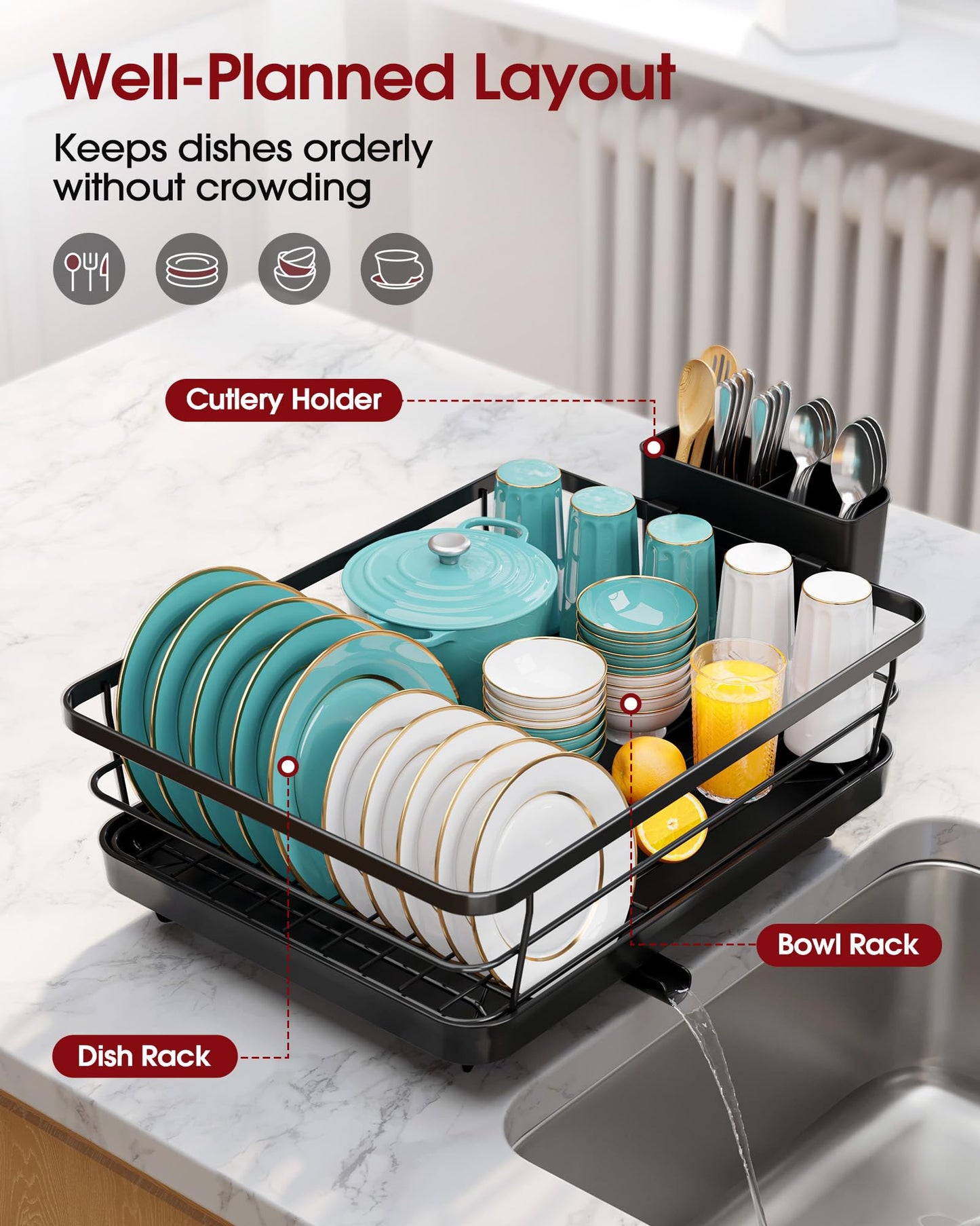 Sakugi Stainless Steel Dish Drying Rack for Kitchen Counter, Sink Organization and Storage Essentials with Silverware & Utensil Holder, Home and Apartment Decor, 12''W x 15.5''L, Black