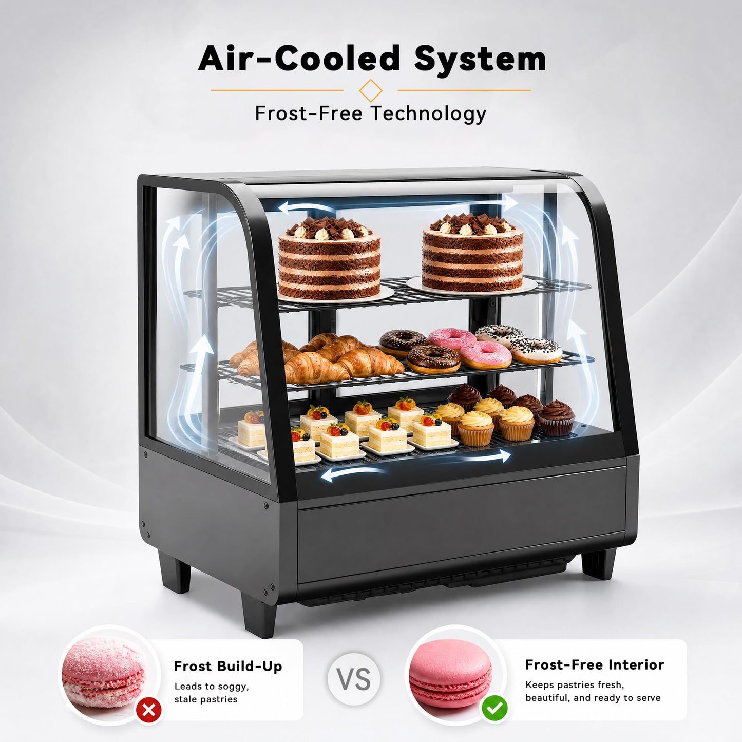 Tylza Commercial Refrigerator Display Case, 3.5 Cu.Ft/100L Countertop Refrigerated Showcase, White LED Lighting, Double Glass Door, 36-54°F, Auto Defrost for Bakery, Cafe, Store