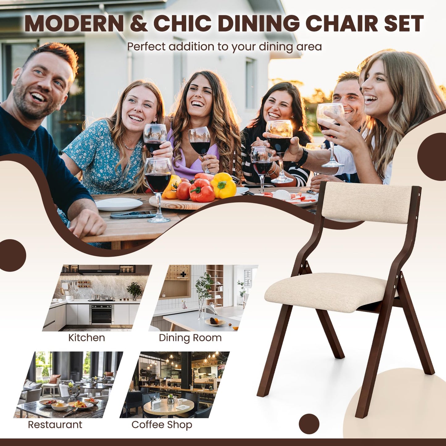Giantex Folding Dining Chairs Set of 4, No Assembly Folding Chairs w/Linen Padded Seats, Wood Foldable Kitchen Chairs, Easy to Store Extra Event Chairs, Padded Folding Chair for Wedding Guests Party