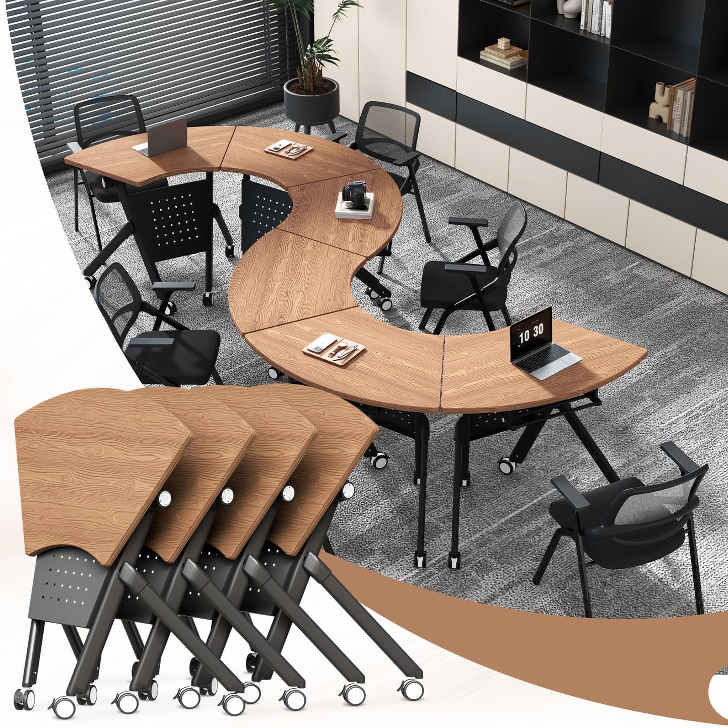 JFazzruit Folding Conference Table,Fan-Shaped Conference Room Tables with Wheels, Mobile Modular Seminar Meeting Desk for Classrooms,Office & Seminar (2, Fan-Walnut)