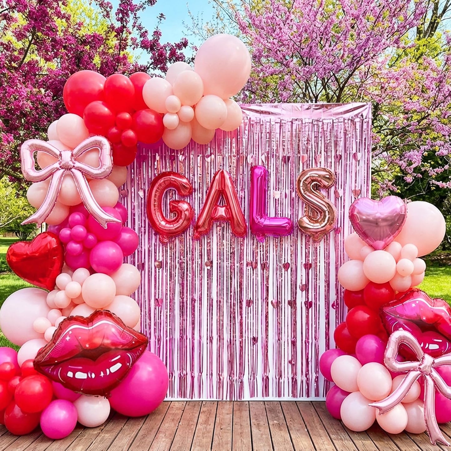 Galentine's Day Balloon Arch Kit - 133 Pcs Pink Red GALS Letter Balloons, Heart, Lip & Bow Foil Balloons with Pink Curtain for Valentine's Day, Bachelorette, Birthday Party Decorations