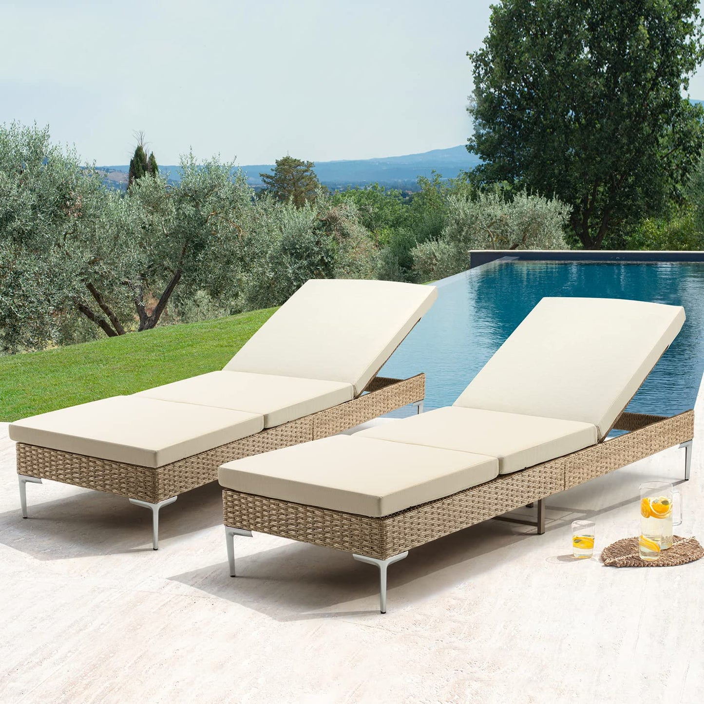 HOMREST Outdoor Chaise Lounge Chair Set of 2, Patio Wicker Lounge Chairs with Adjustable Backrest, Rattan Pool Sunbathing Chaiser with Removable Cushion (Khaki)