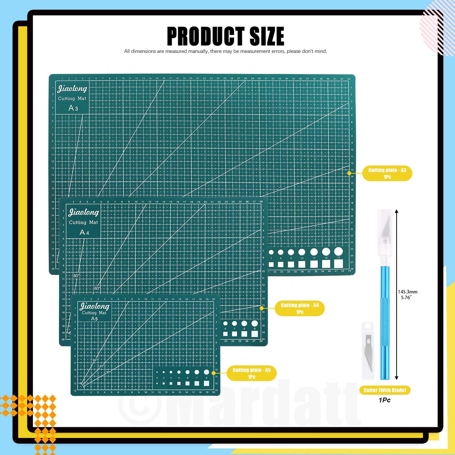 Mardatt 3Pcs A3 A4 A5 PVC Self Healing Cutting Mat with Precision Carving Knife, 5-Ply Double Sided Non-Slip Cutting Board Mat with Grid for Crafts Sewing Quilting Fabric（Green）